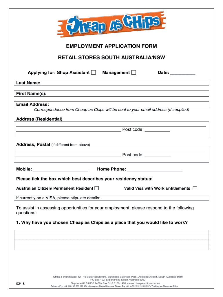  EMPLOYMENT APPLICATION FORM Cheapaschips Com 2018