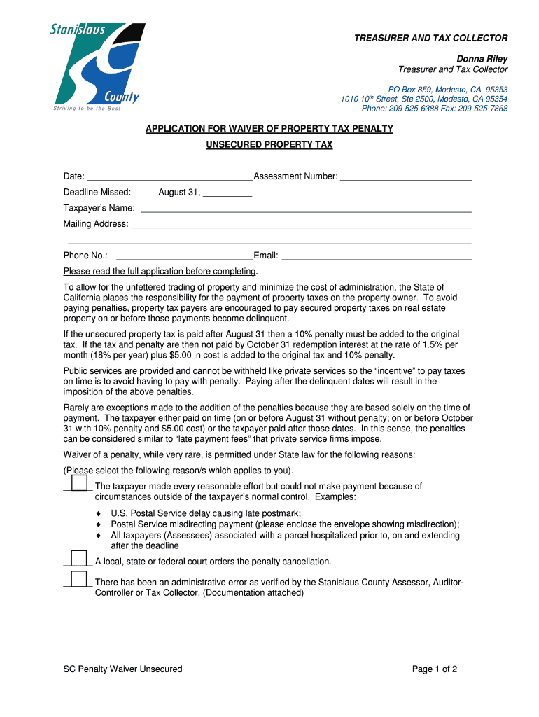 APPLICATION for WAIVER of PROPERTY TAX PENALTY UNSECURED PROPERTY TAX APPLICATION for WAIVER of PROPERTY TAX PENALTY UNSECURED P  Form