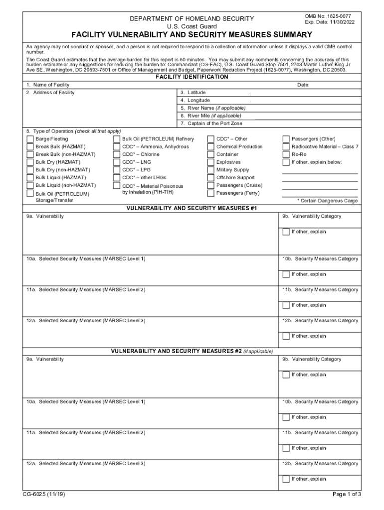 Form CG 6025 Facility Vulnerability and Security Measures Summary