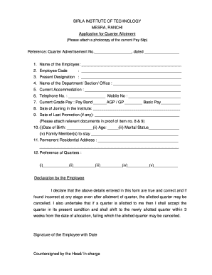 Quarter Allotment Form