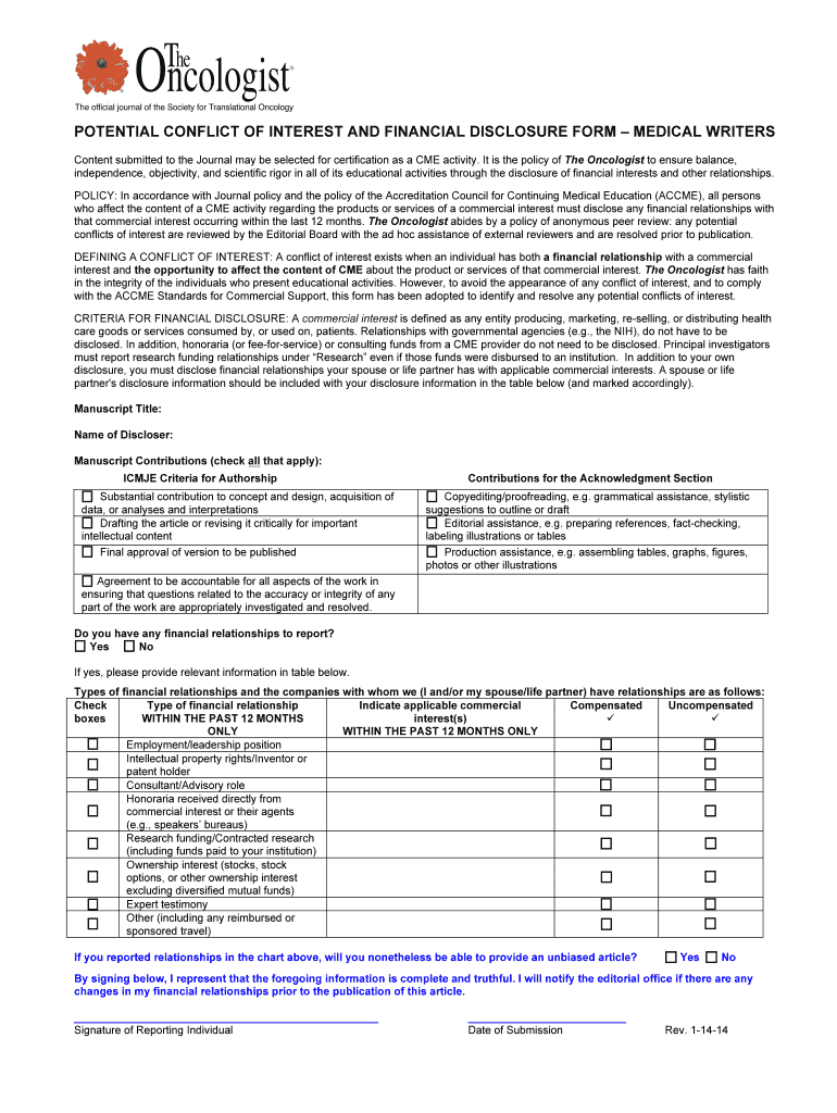 Contribution and Disclosure for Medical Writers the Oncologist  Form