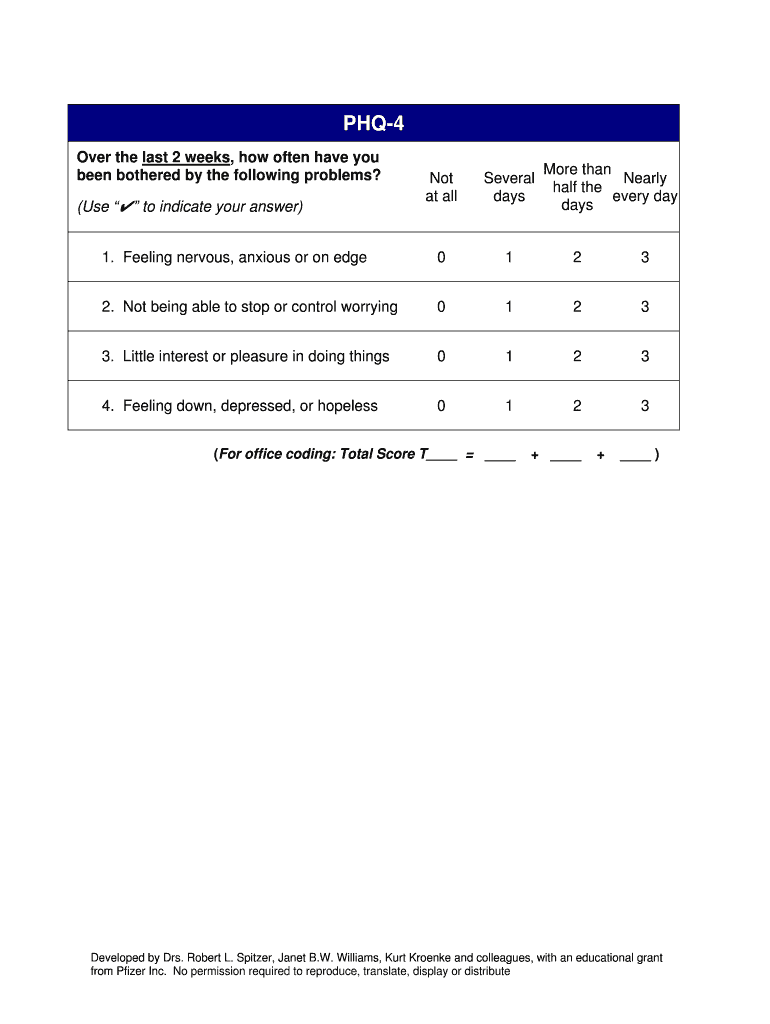 PHQ 4 Validated Screening Tool for Anxiety and Depression  Form