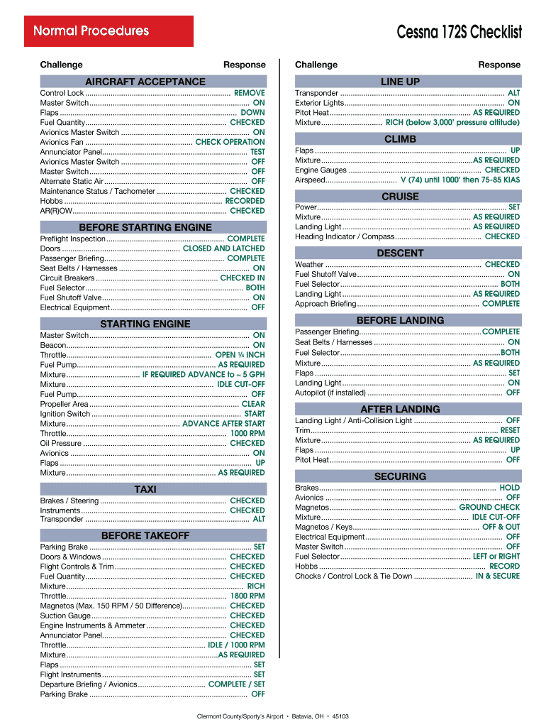 Cessna 172 Checklist Excel  Form