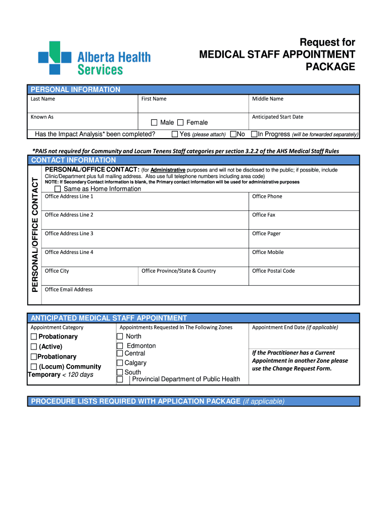 Request for Medical Staff Appointment Package Alberta Health  Form