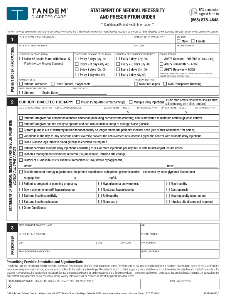 Statement of Medical Necessity and Prescription Tandem Diabetes  Form