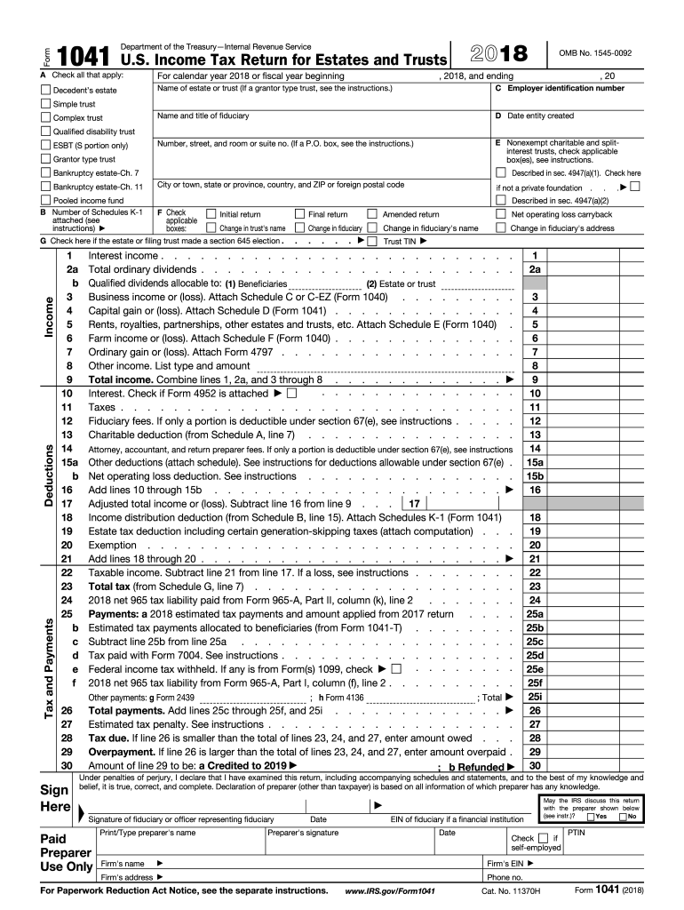 Irs Gov Fillable 1041 20182024 Form Fill Out and Sign Printable PDF