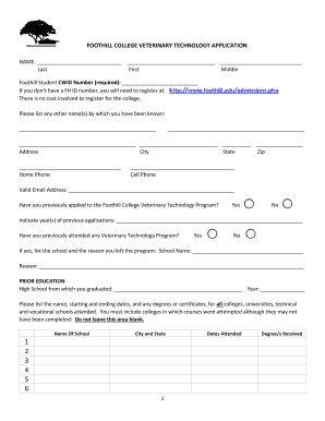 FOOTHILL COLLEGE VETERINARY TECHNOLOGY APPLICATION  Form