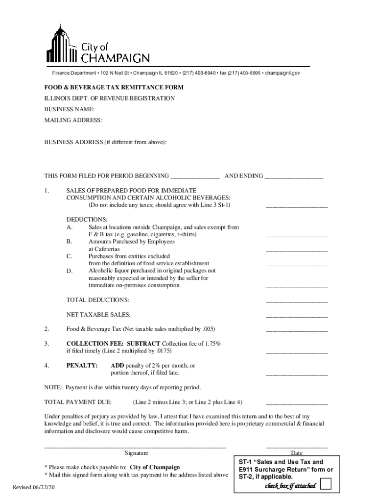 Champaign Food Beverage Tax  Form