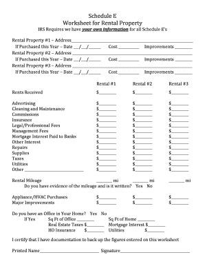 Schedule E Rental Income Worksheet  Form