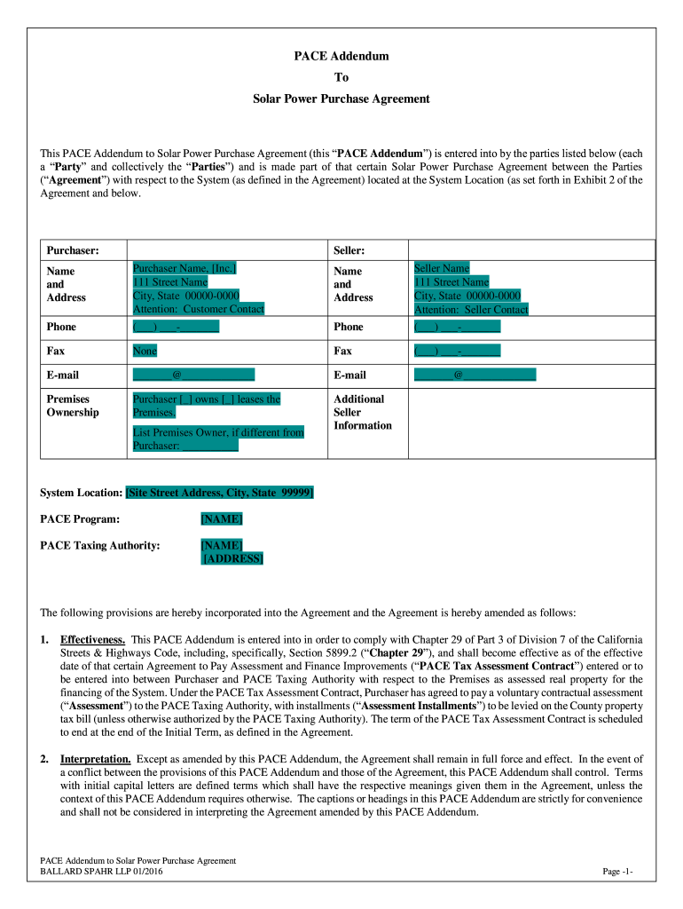 PACE Addendum to Solar Power Purchase Agreement  Form