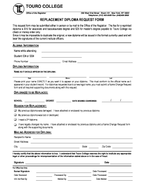Touro College Diploma Request  Form