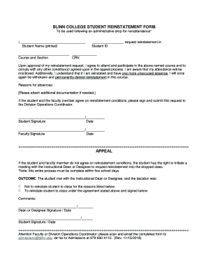 BLINN COLLEGE STUDENT REINSTATEMENT FORM APPEAL