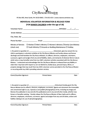 Individual Volunteer Release Form Minor City Rescue Mission