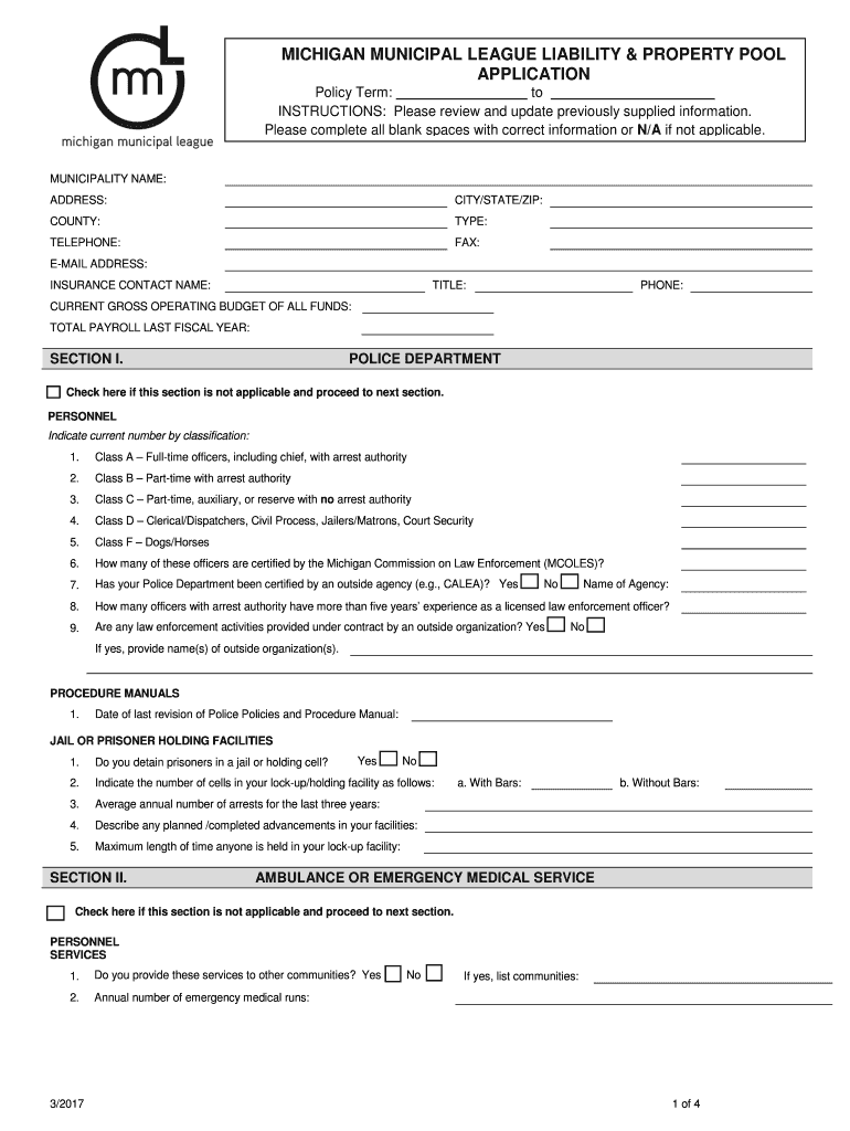 Liability & Property Pool Michigan Municipal League  Form