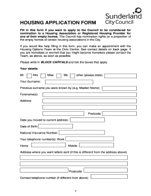 Sunderland Council Housing Application  Form
