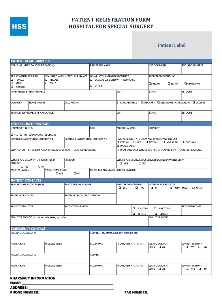 Hospital for Special Surgery Patient Registration Form