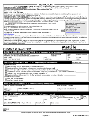  Metlife Statement of Health Form 2016-2024