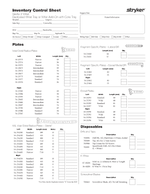 Stryker Variax 2 Core Inventory Control Sheet  Form