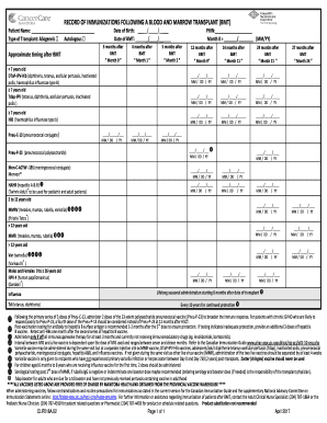RECORD of IMMUNIZATIONS FOLLOWING a BLOOD and MARROW TRANSPLANT BMT  Form