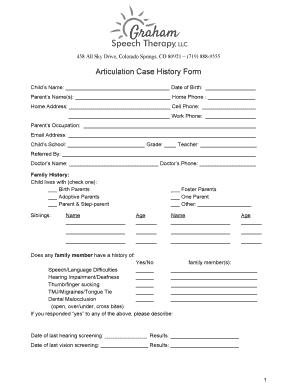 Articulation Case History Form Graham Speech Therapy