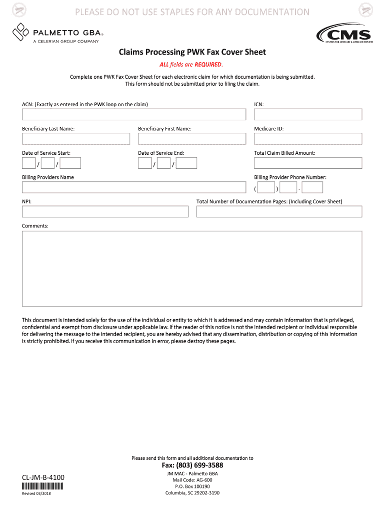  Palmetto GBA Claims Processing PWK Fax Cover Sheet 2019