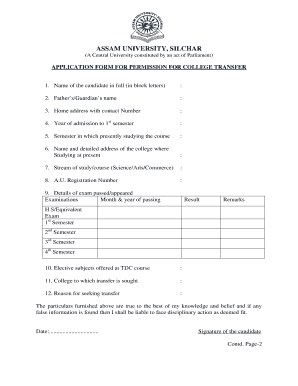 Application Form for Permission for College Transfer Assam University