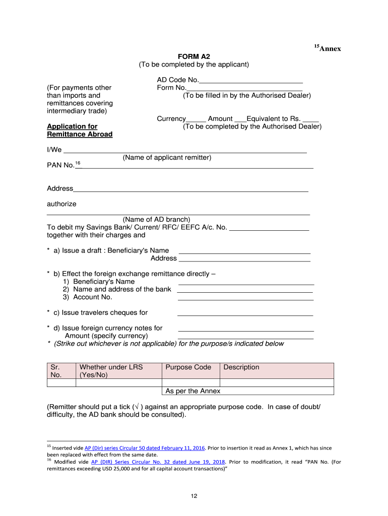  A2 Form for Remittance Abroad 2018-2024