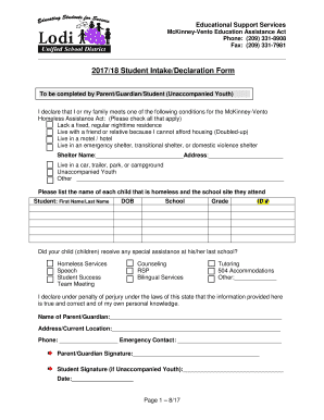 McKinny Vento Homeless Assistance Act English Declaration Form CA Dept of Education for Parentsguardians Declaring that Family M