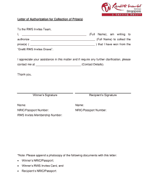 Authorization Letter for Claiming Prize  Form