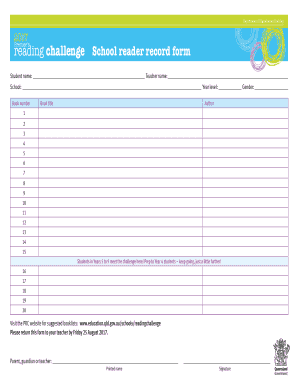 Premier&#039;s Reading Challenge School Reader Record Form