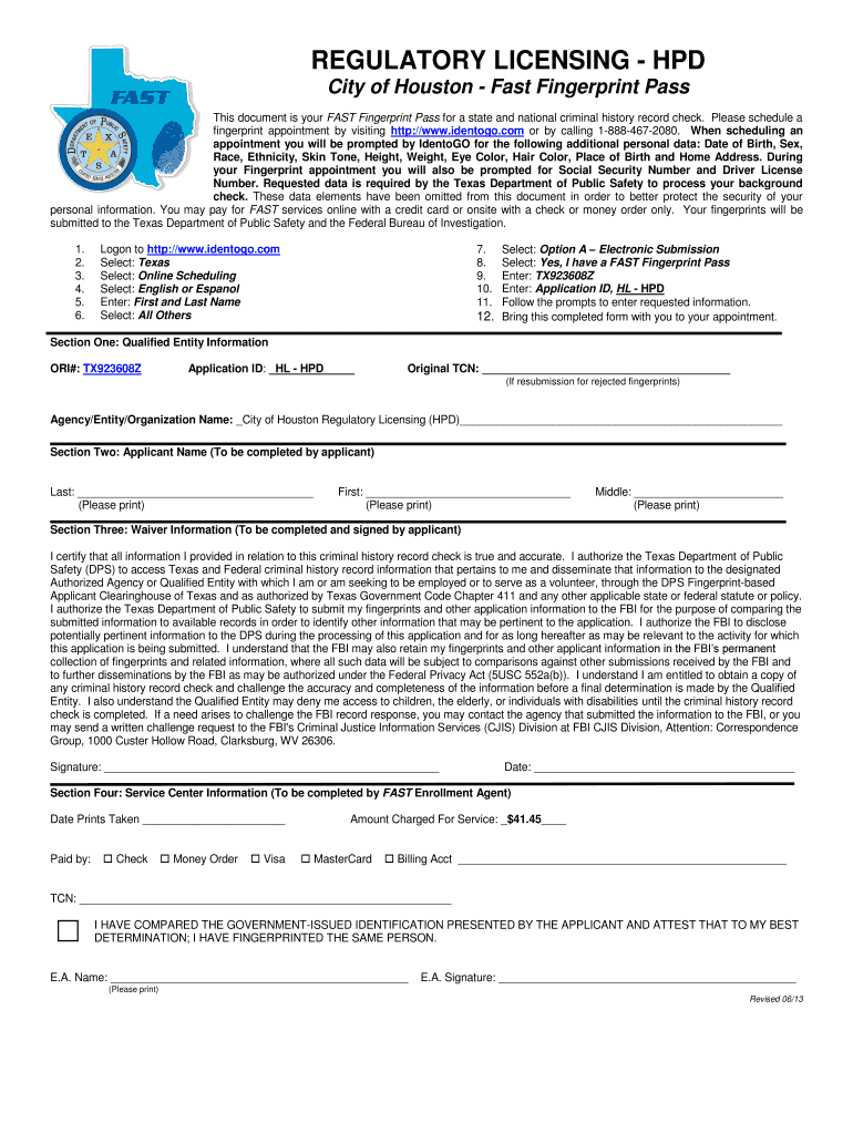 City of Houston Fingerprinting Form