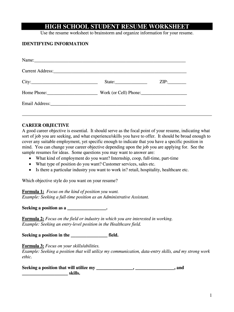 Resume Worksheet  Form