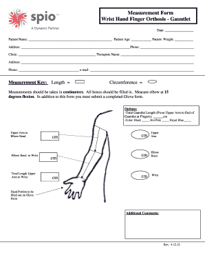 Measurement Form Wrist Hand Finger Orthosis Gauntlet