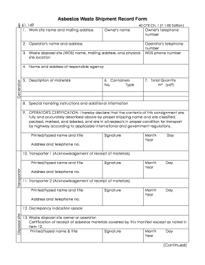 Asbestos Waste Shipment Record Form Washington State University Ehs Wsu