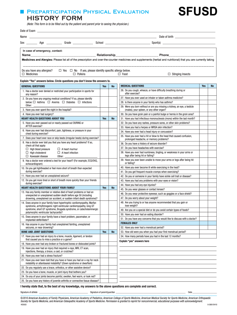 Pre Participation Physical Form