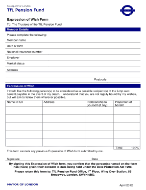 Tfl Pension Fund Bereavement  Form