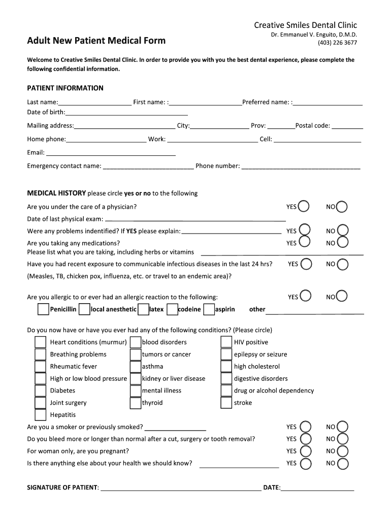 Adult New Patient Medical Form Dr Emmanuel Enquito