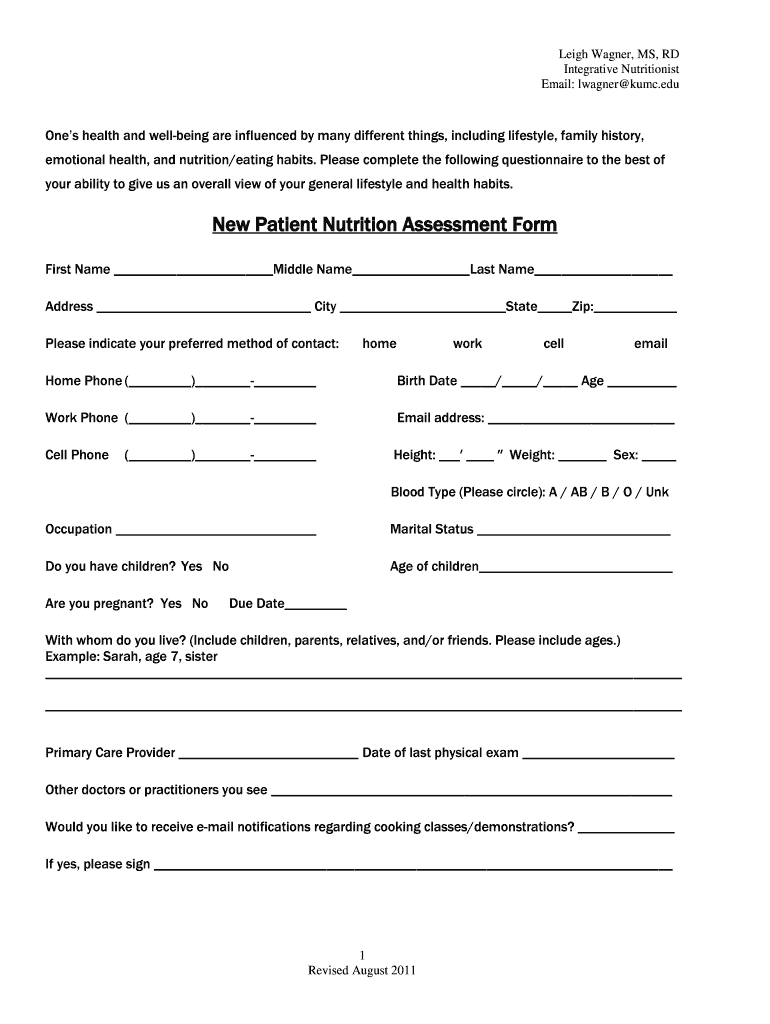Nutrition Assessment Form for Dietitians