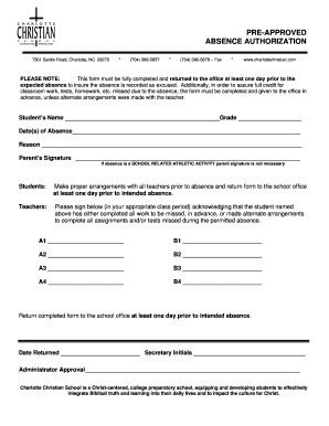 Pre Approved Absence Form Charlotte Christian School
