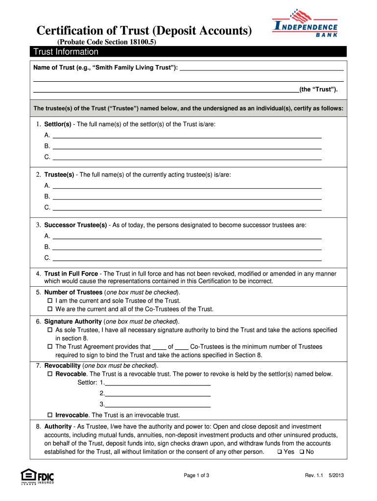 Bank of America Certificate of Trust Form