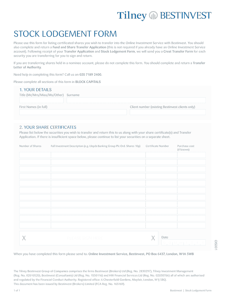 Stock Lodgement Form Bestinvest