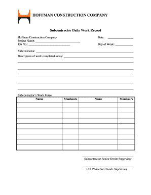 Subcontractor Daily Work Record Hoffman Construction Company  Form