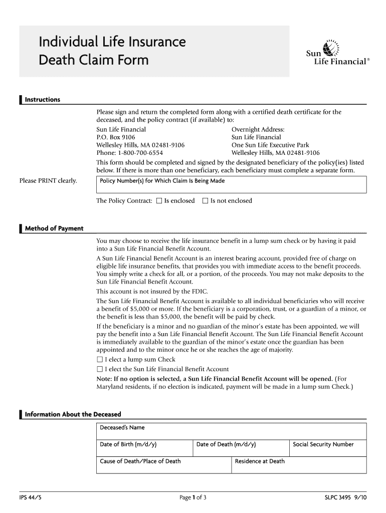  Individual Life Insurance Death Claim Form 2010-2024