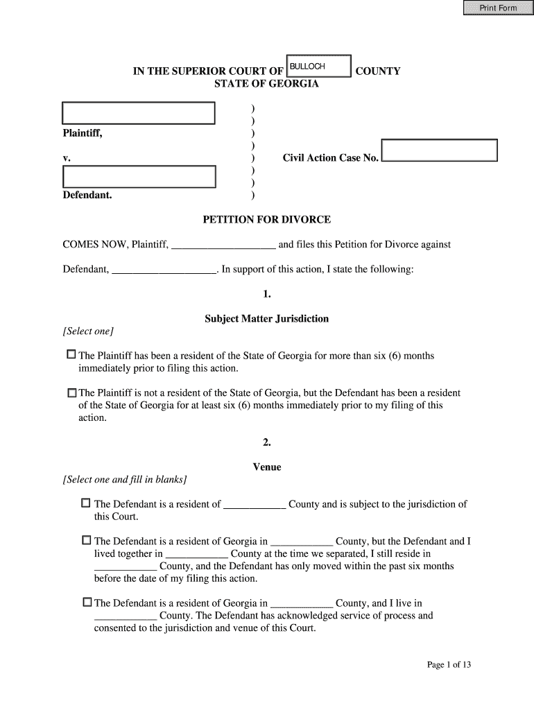 Divorce Forms for Bulloch County