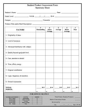 Student Assessment Form