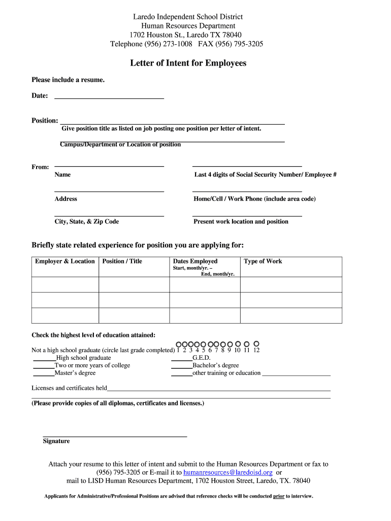 Employment Letter of Intent  Form