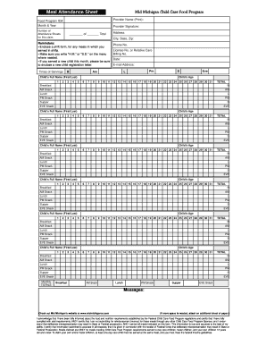 Meal Attendance Sheet Mid Michigan Child Care Food Program  Form