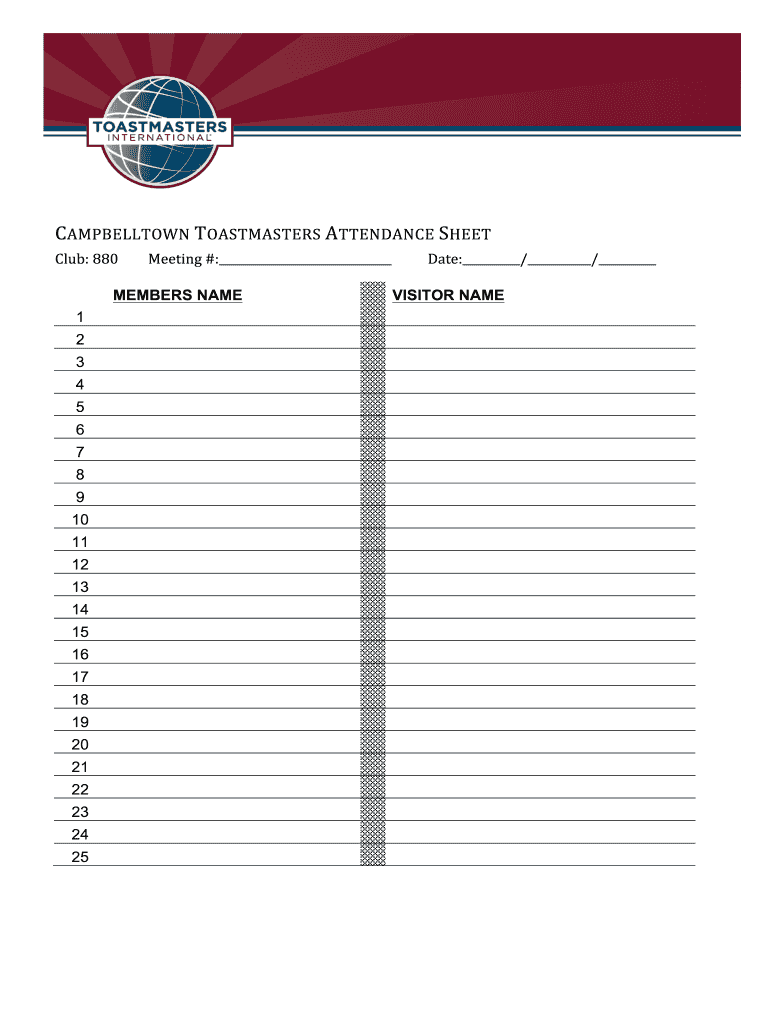 Toastmasters Attendance Sheet  Form