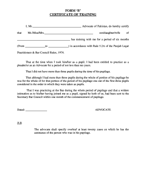 FORM &amp;#39;B&amp;#39; CERTIFICATE of TRAINING Punjab Bar Council