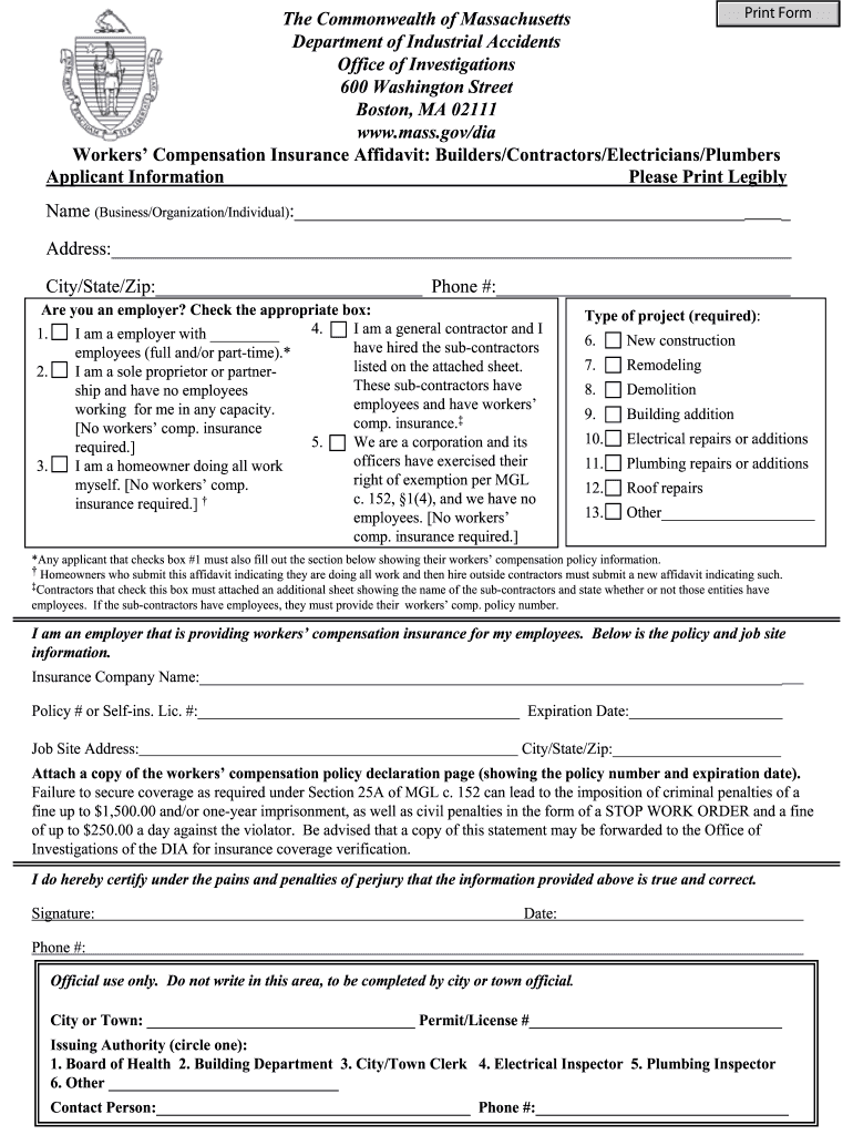 Get and Sign Massachusetts Workers Comp Affidavit Fillable Form 2007-2022